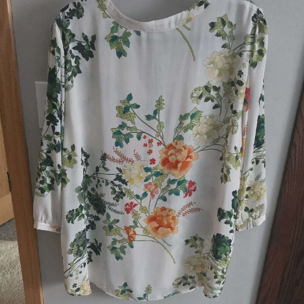 Rose & Olive Ivory Floral Scarf-Neck Blouse with Green and Orange Print - Picture 5 of 7